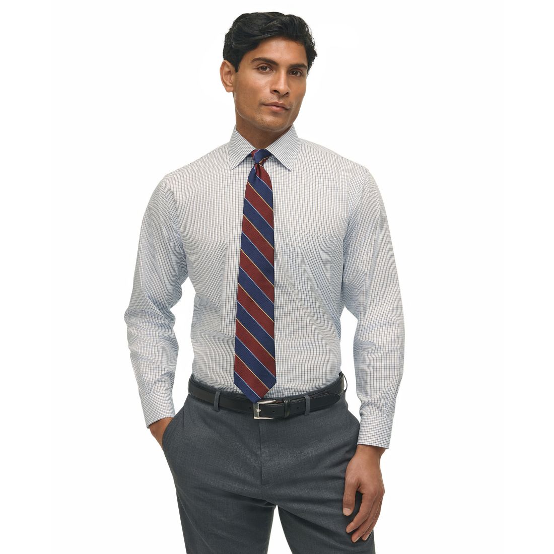 Brooks Brothers Men's Regular Fit Non-Iron Polo Button-Down Collar Blue Check Pinpoint Dress Shirt