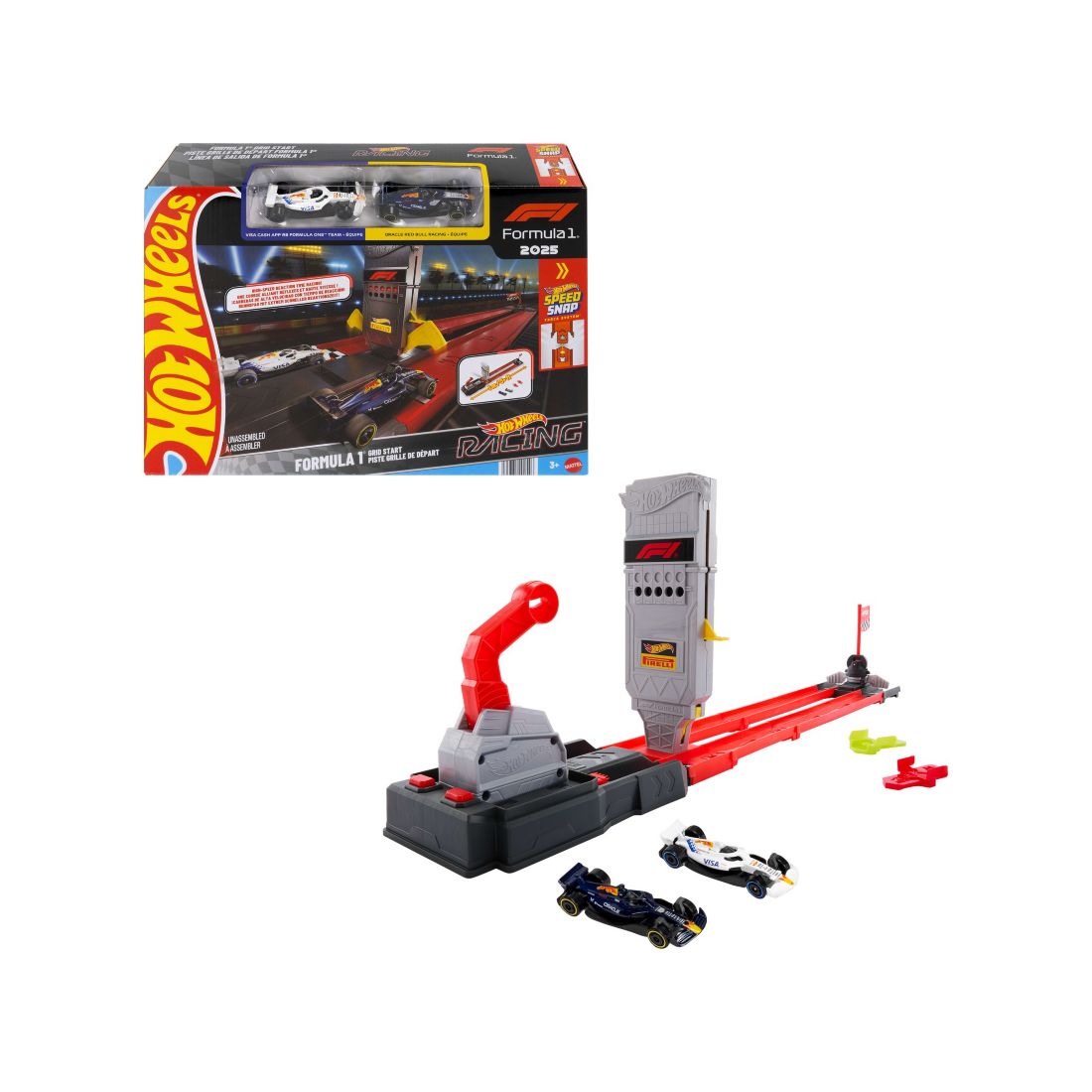 Hot Wheels 1:64 Scale Racing Formula 1 Grid Start Track Set & 2 Die-Cast F1 Cars