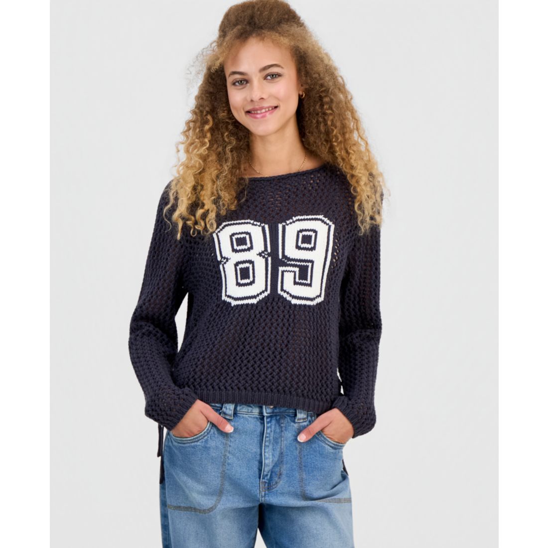 Hooked Up By Iot Juniors' Open-Stitch Varsity Sweater