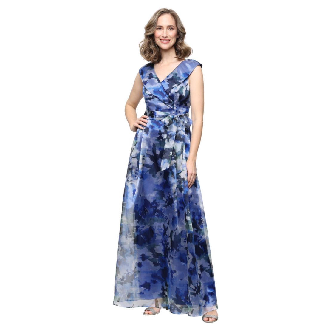 Alex Evenings Printed V-Neck Long A-Line Gown