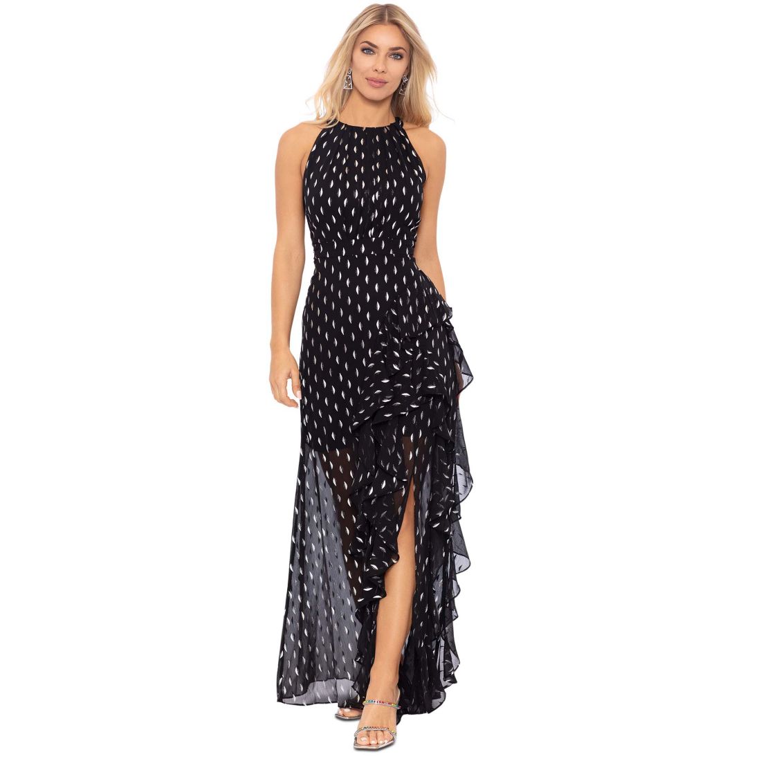 Betsy & Adam Petite Printed Ruffled Halter Gown