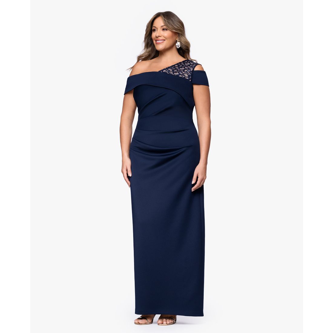 Macy*s B&A By Betsy and Adam Plus Size Long Asymmetrical Neck Ball Gown  available now at Smith Haven Mall