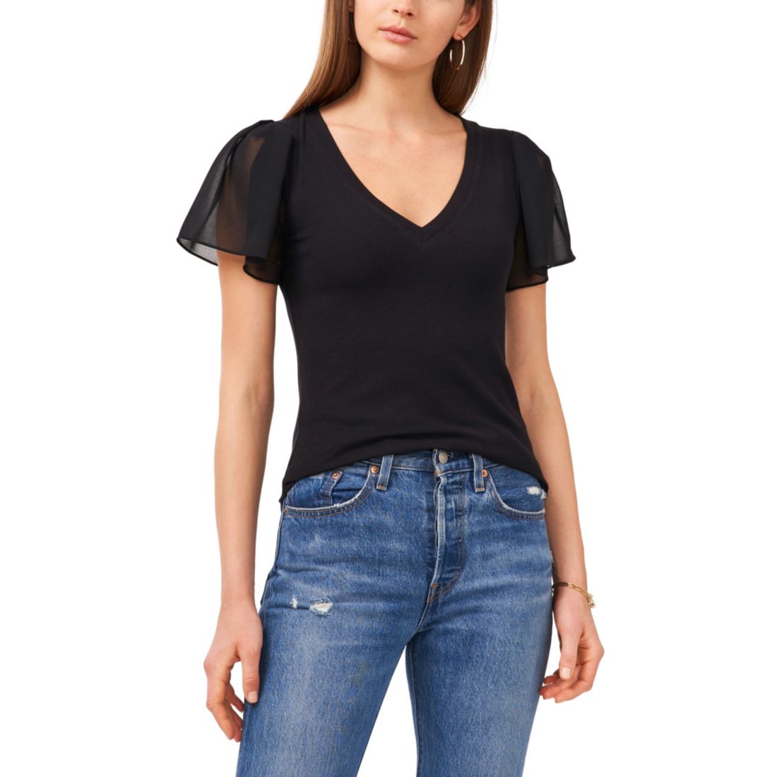 1.state Women's Flutter Short Sleeve V-Neck Knit Top