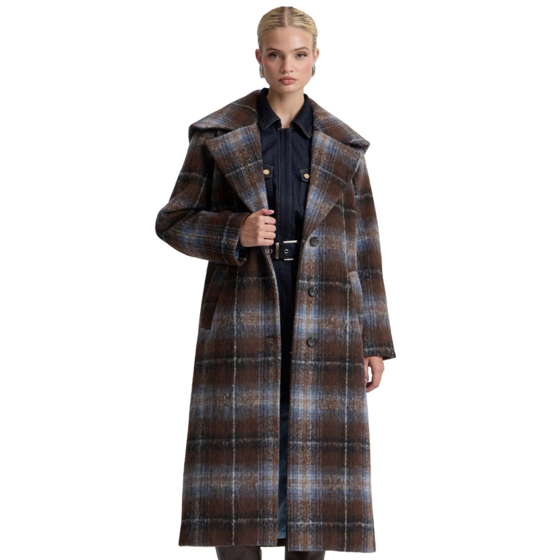 Avec Les Filles Women's Plaid Notch-Collar Maxi Coat