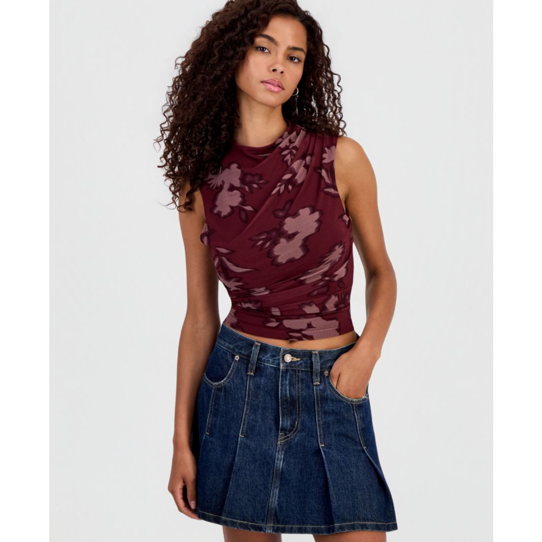 Sincerely Jules Juniors' Printed Funnel Neck Ruched Sleeveless Top