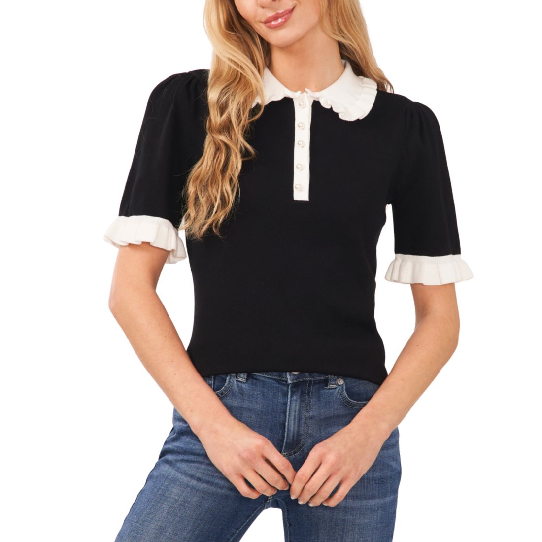 Cece Women's Cotton Ruffle-Collar Short-Sleeve Top