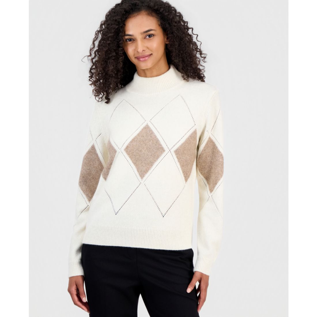 T Tahari Women's Mock Neck Pointelle Argyle Pullover - Cream / Stone Camel
