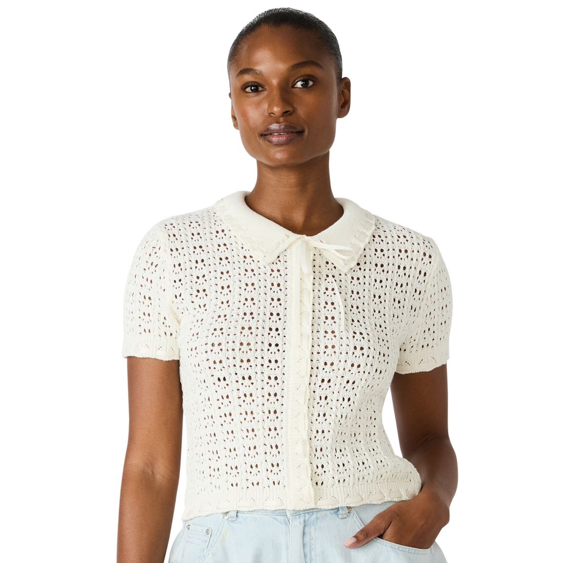 Steve Madden Women's Pointelle Ruffle Collared Cardigan