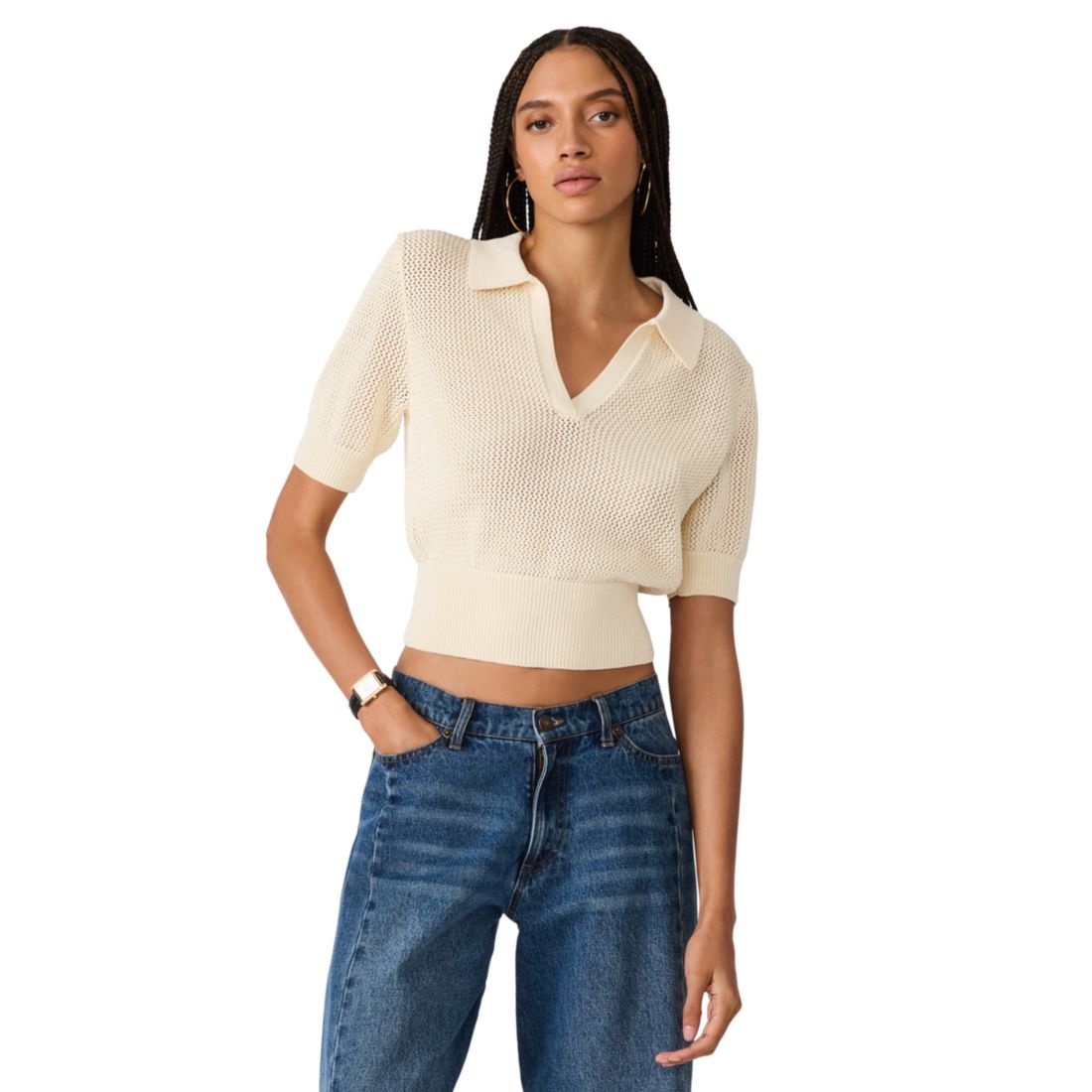 Steve Madden Women's Lark Collared V-Neck Sweater Top