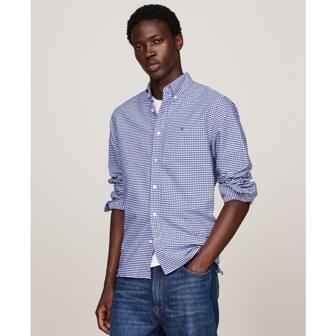 Tommy Hilfiger Men's Gingham Long Sleeve Button-Down Oxford Shirt - Royal Blue / Check