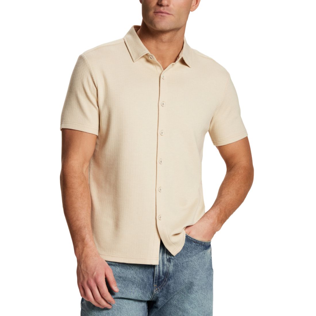 Weatherproof Vintage Men's Solid Waffle Coat Front Short-Sleeve Shirt