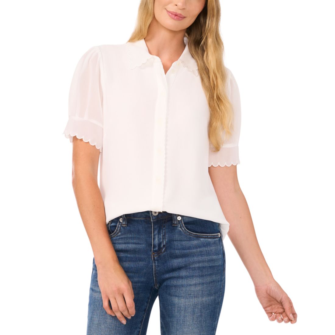 Cece Women's Scalloped Puff-Sleeve Button-Front Top