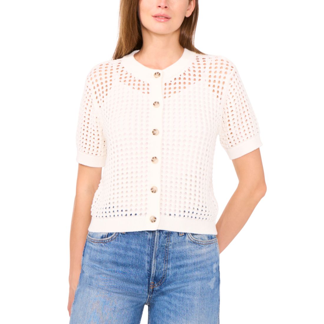 Cece Women's Texture Mesh Short-Sleeve Cardigan