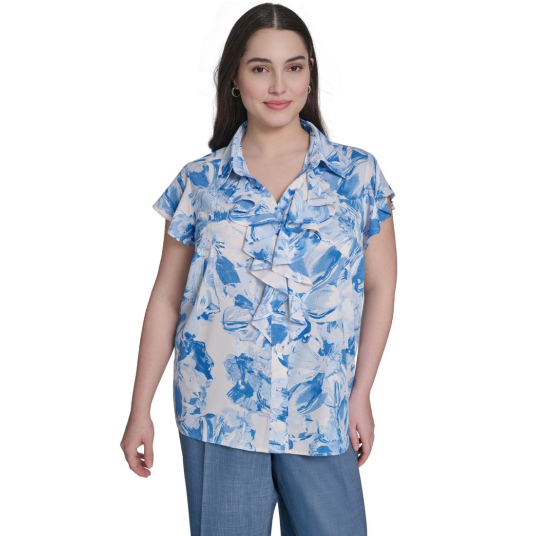 Calvin Klein Plus Size Cap-Sleeve Ruffle-Front Collared Top