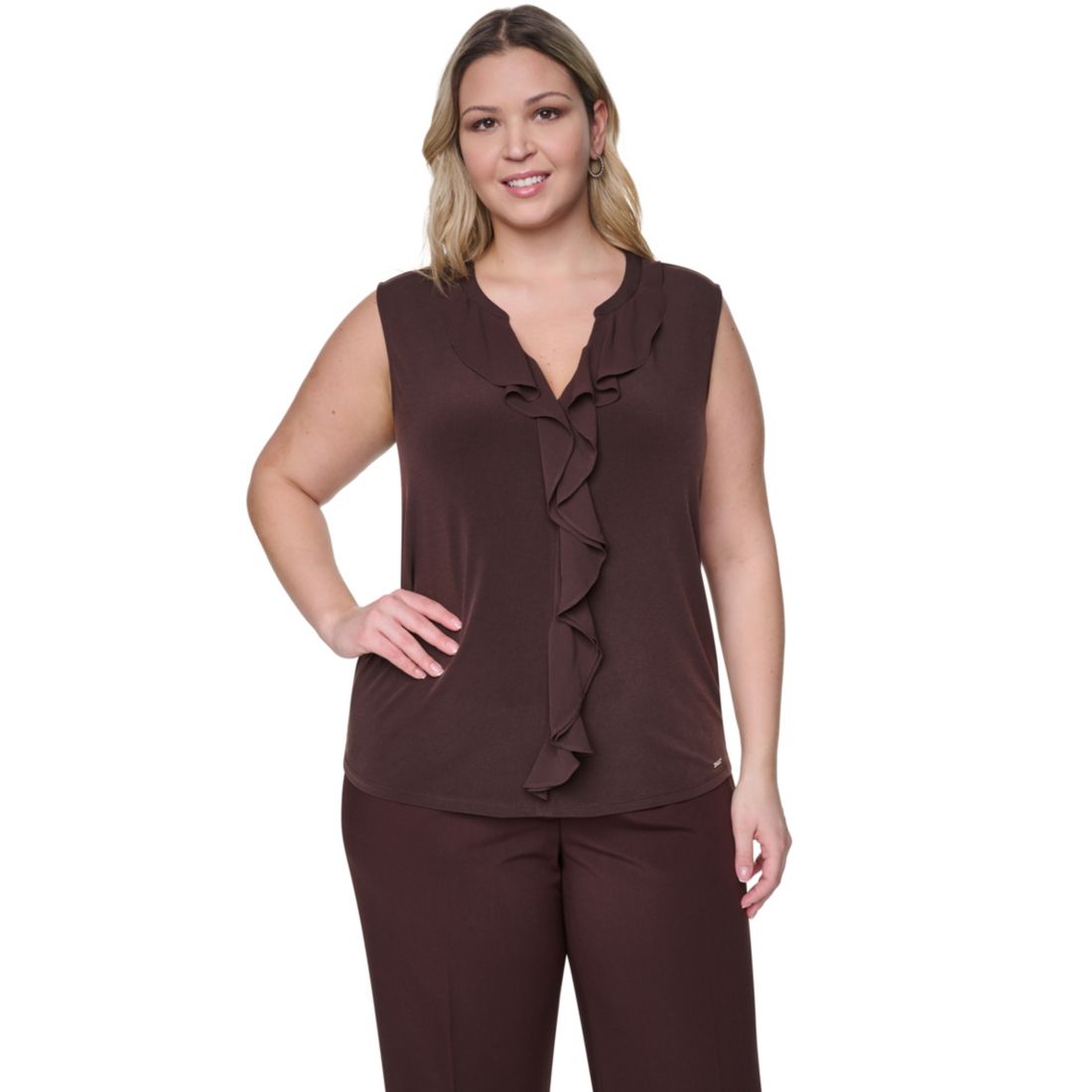 Calvin Klein Plus Size Sleeveless Ruffle-Front V-Neck Top