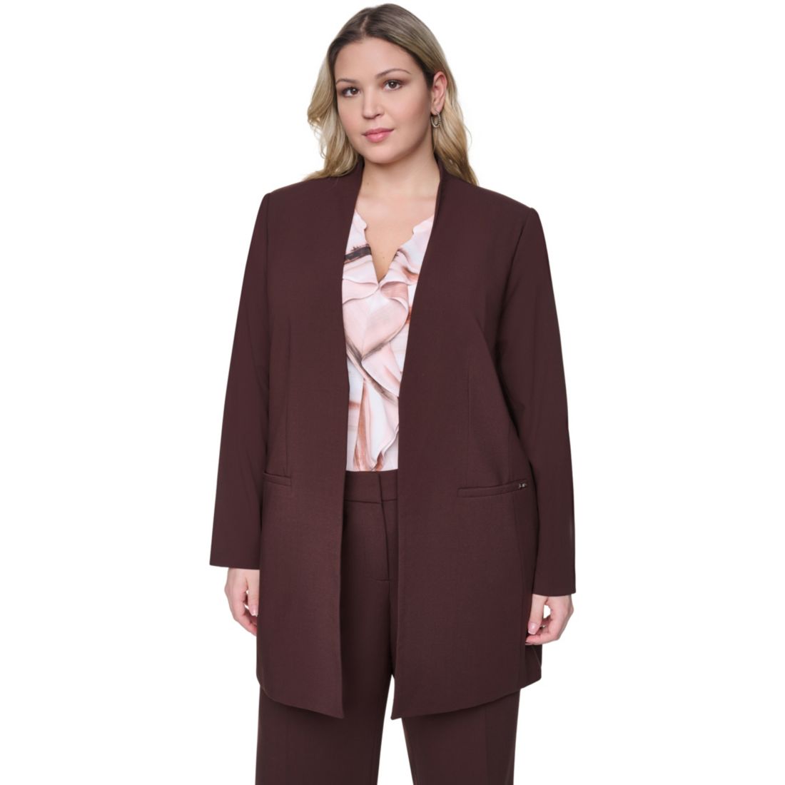 Calvin Klein Plus Size Collarless Open-Front Rollback-Cuff Jacket