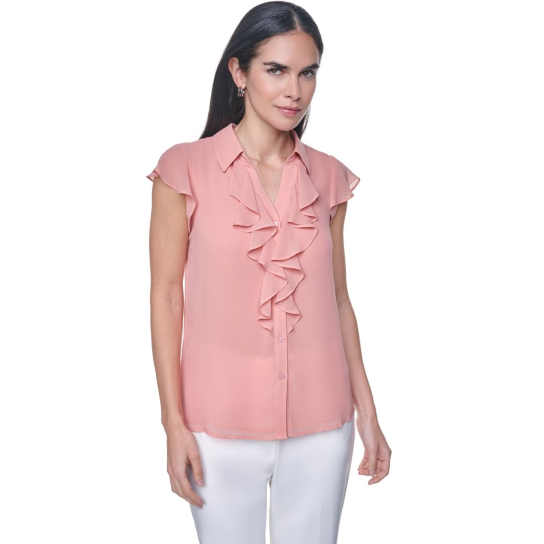 Calvin Klein Women's Collared Ruffle Front Blouse