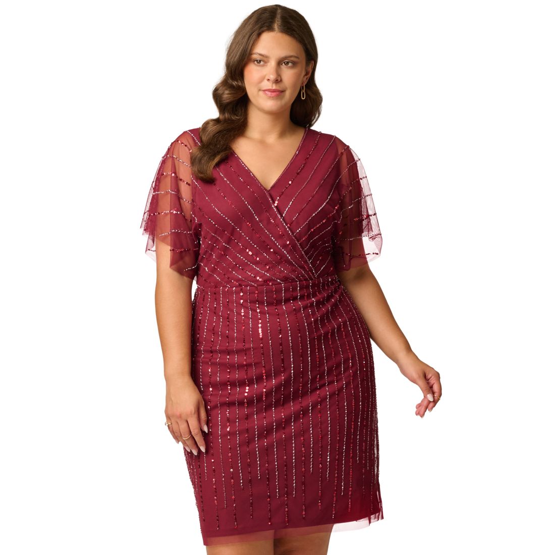 Adrianna Papell Plus Size Sequin Beaded Flutter-Sleeve Dress