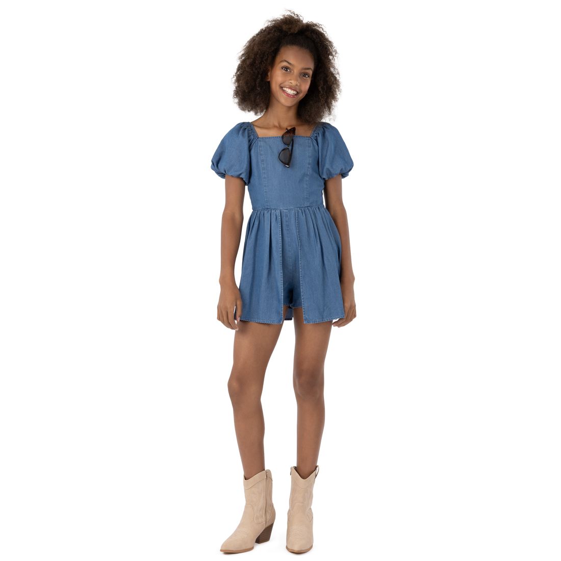 Speechless Girls' 7-16 Denim Romper with Sunglass