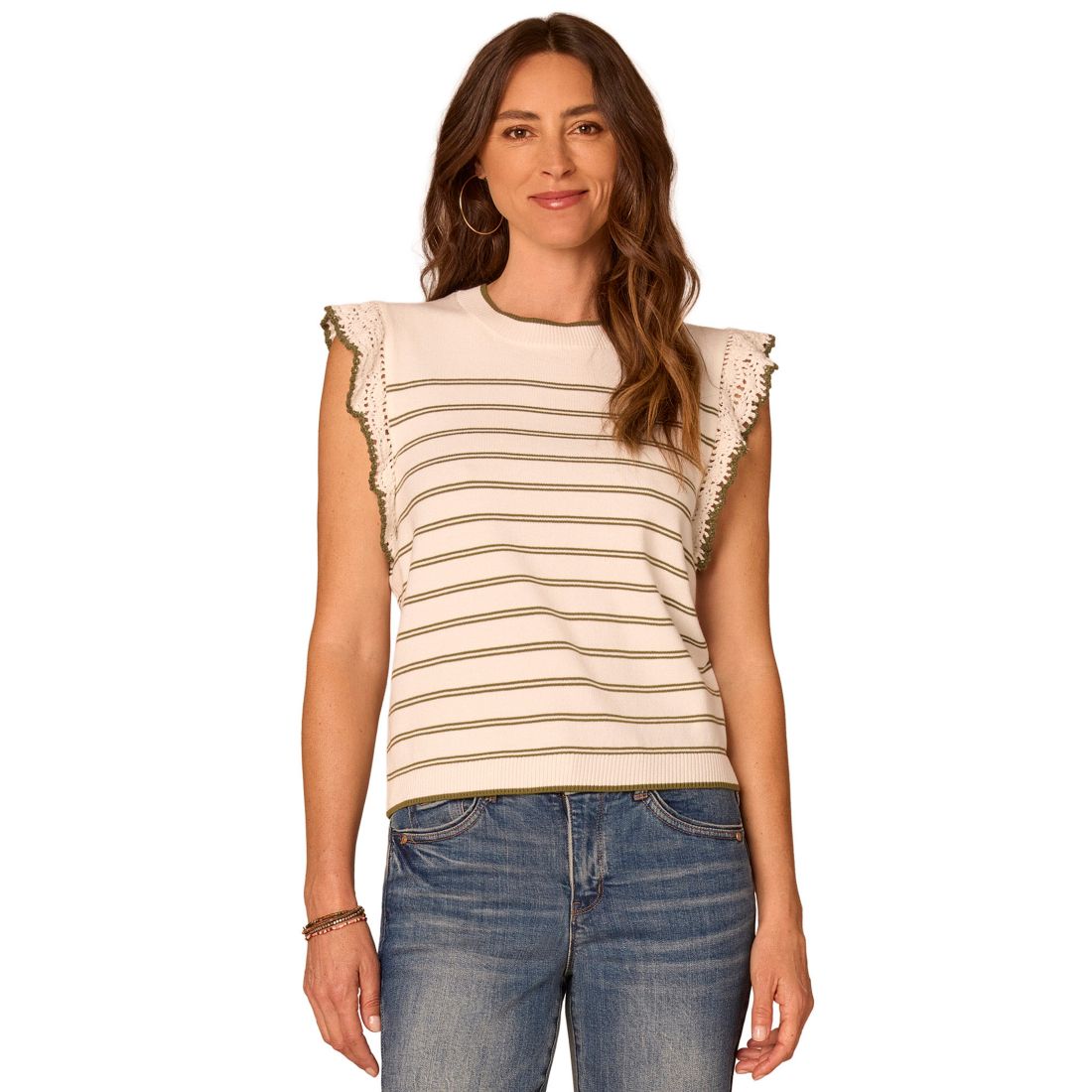Democracy Women's Striped Crochet Flutter-Sleeve Sweater
