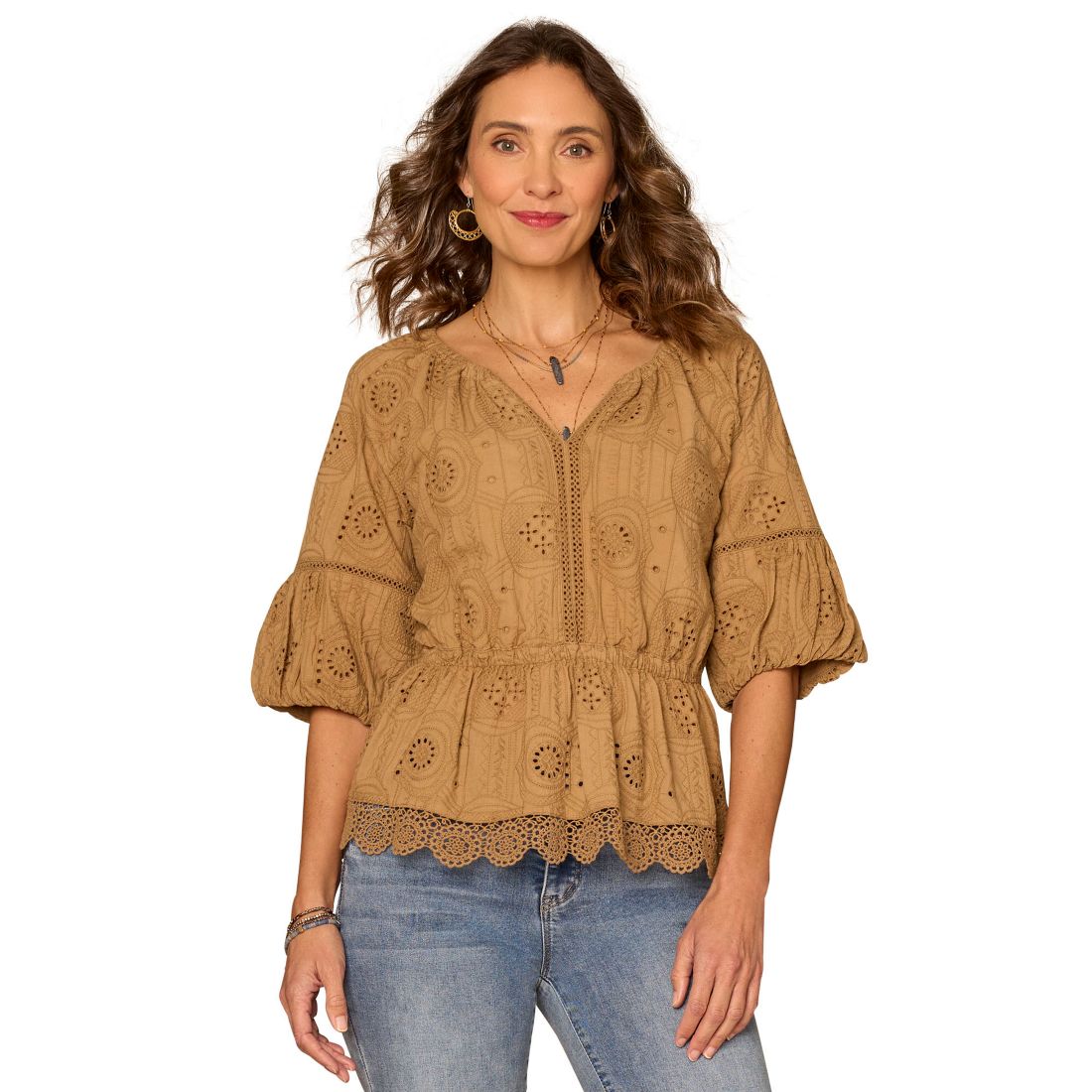 Democracy Petite Bubble-Sleeve Split Neck Top
