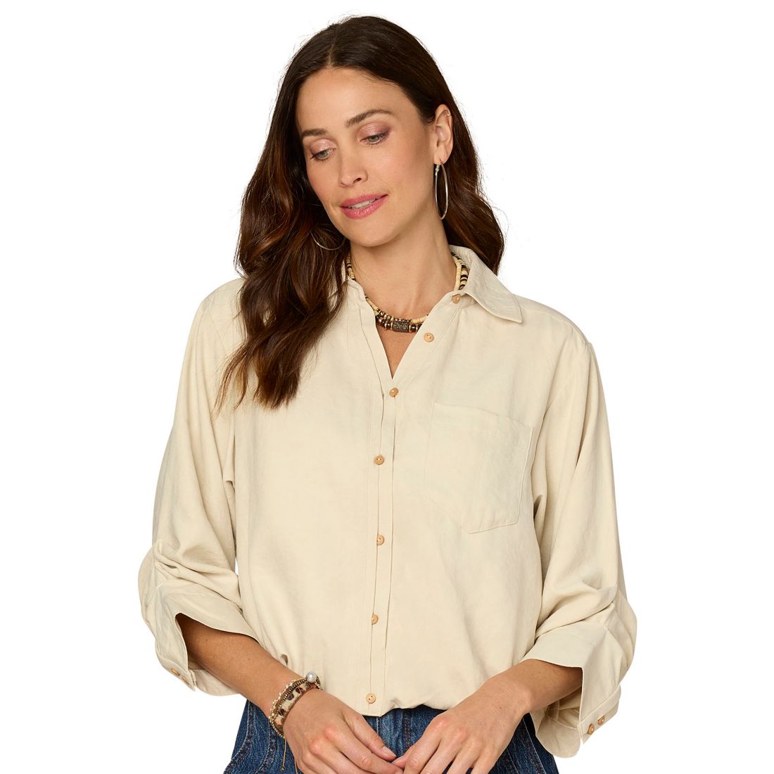 Democracy Petite Ruched-Sleeve Bubble-Hem Shirt