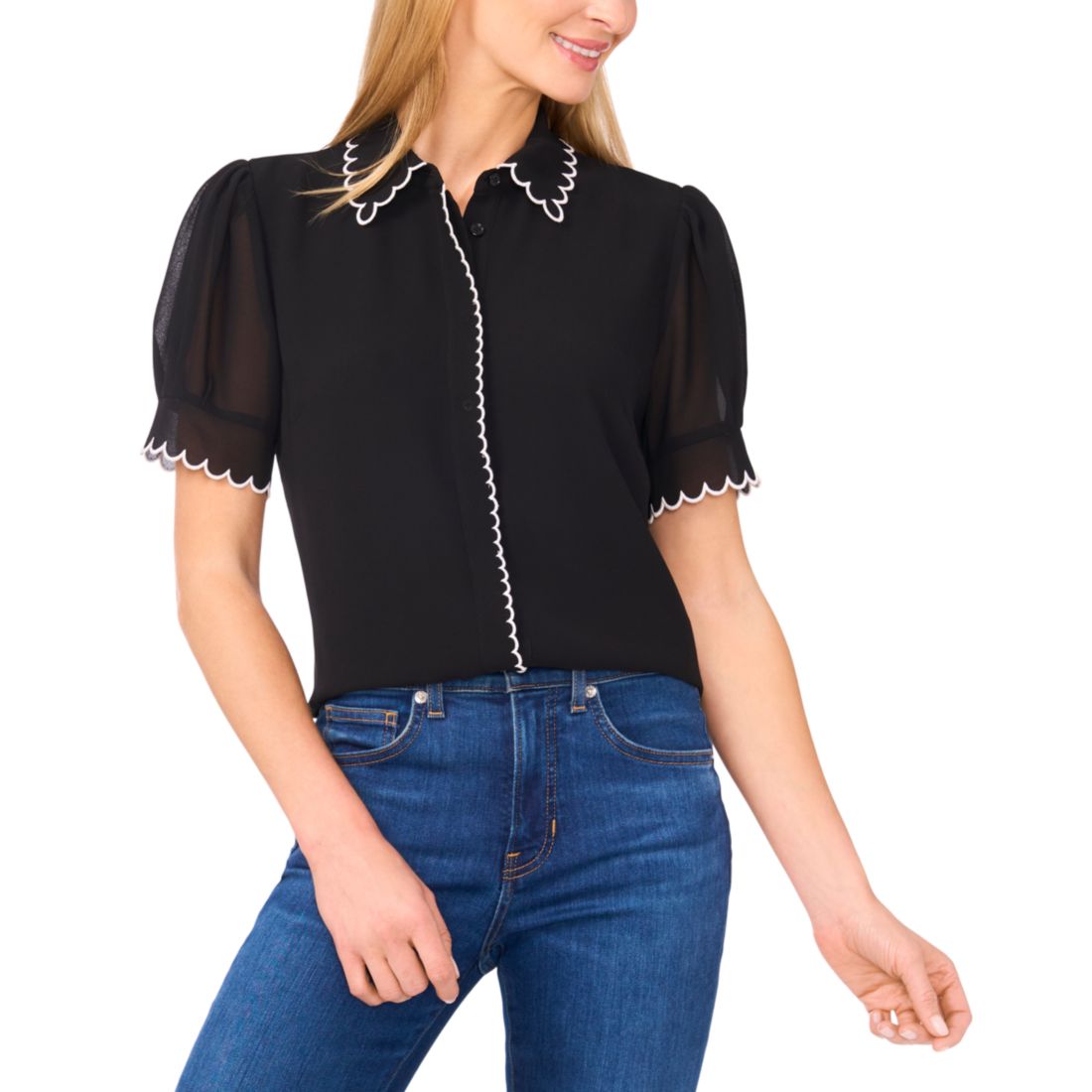 Cece Women's Scallop Contrast Trim Button Up Top