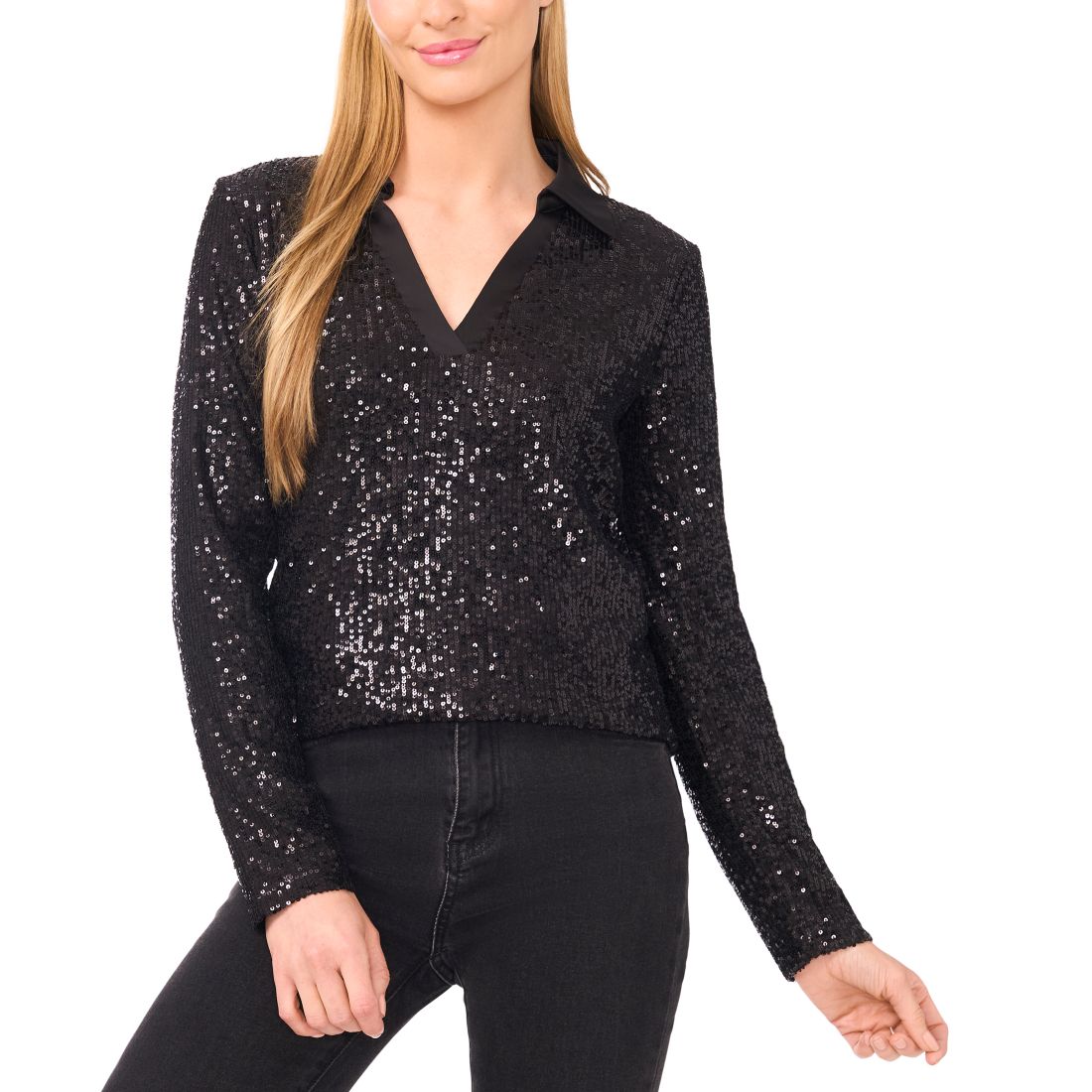 Cece Women's Sequinned Long Sleeve Polo Top
