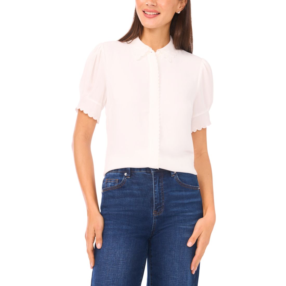 Cece Women's Scallop Button-Down Short-Sleeve Top