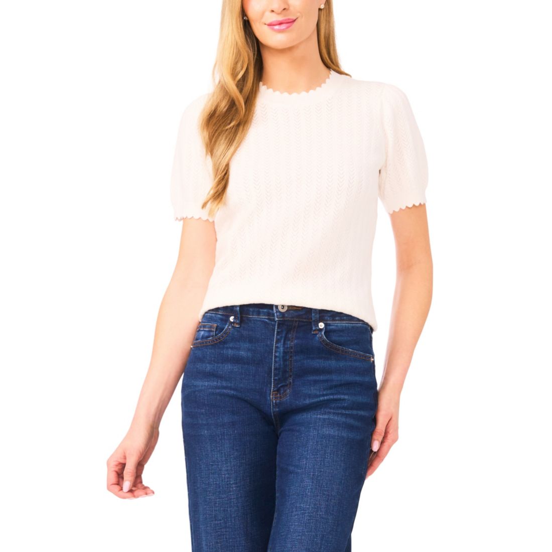 Cece Women's Crew Neck Pointelle Sweater
