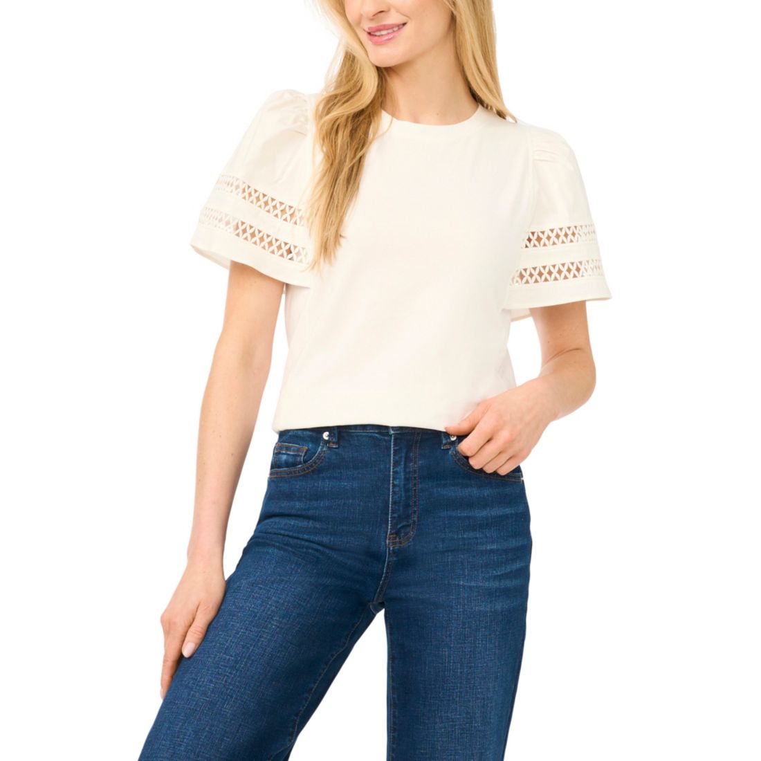 Cece Women's Combo Trim-Sleeve Crew Neck Top