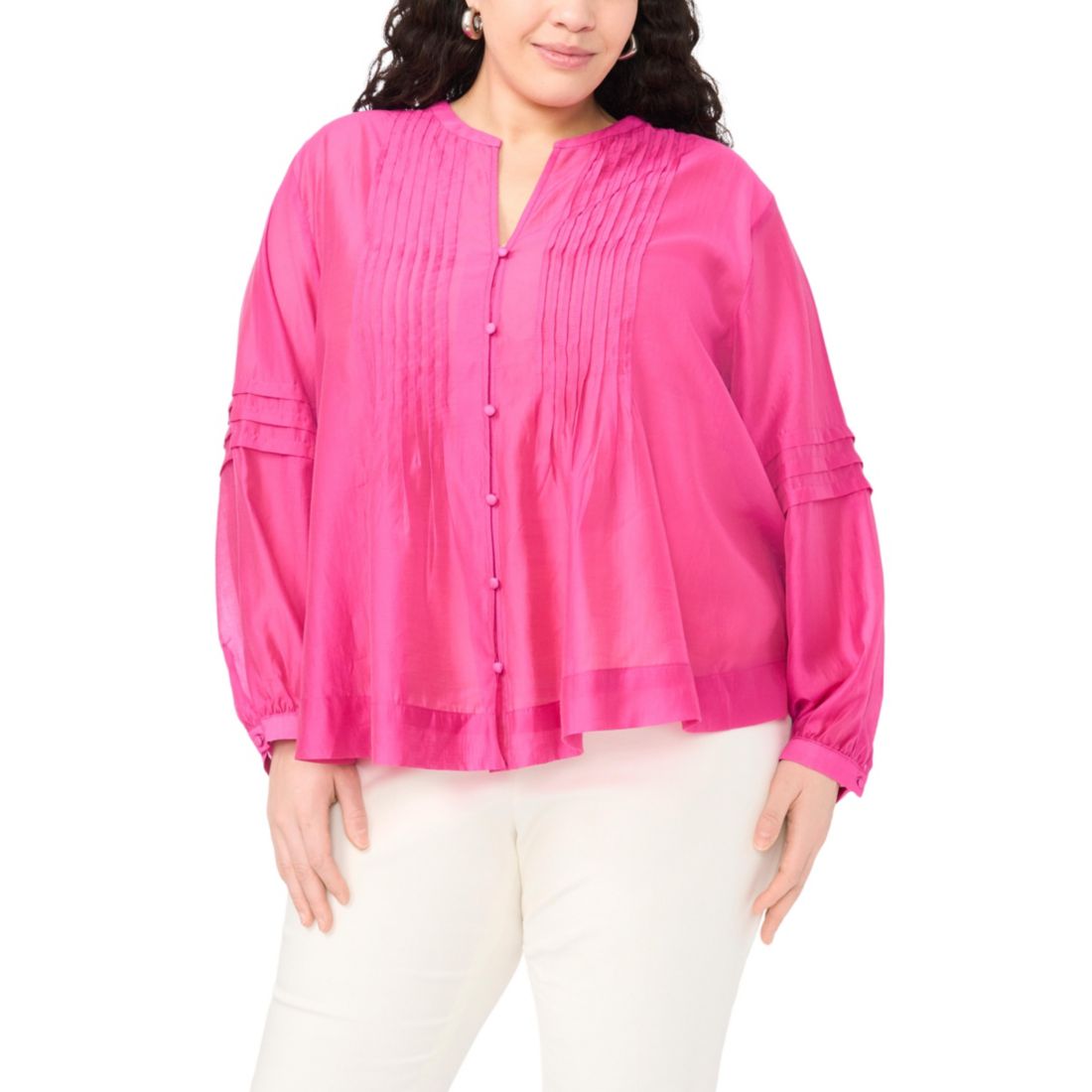 Vince Camuto Plus Size Stand Collar Front Shoulder Pleats Button Down Top