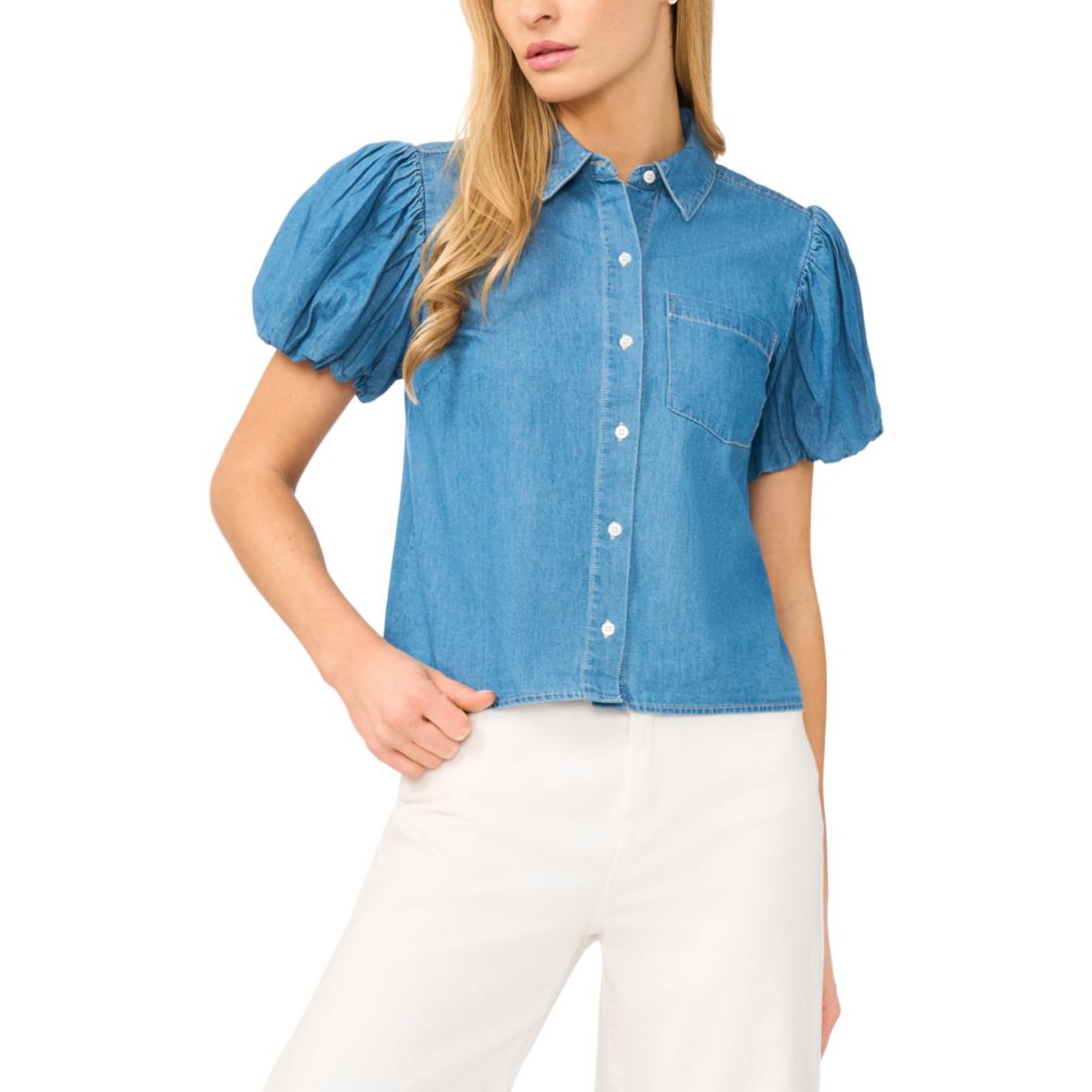 Cece Women's Collared Puff-Sleeve Button-Up Cotton Top