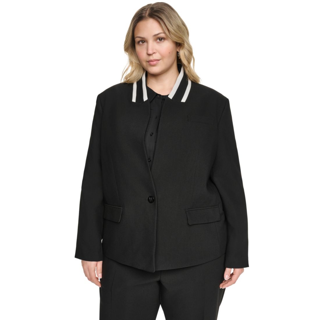 Karl Lagerfeld Paris Plus Size One-Button Reverse Lapel Banded Blazer