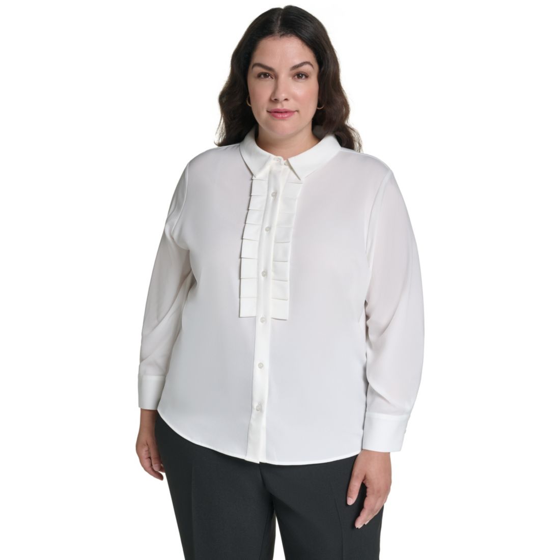 Karl Lagerfeld Paris Plus Size Long-Sleeve Collared Pleated Blouse