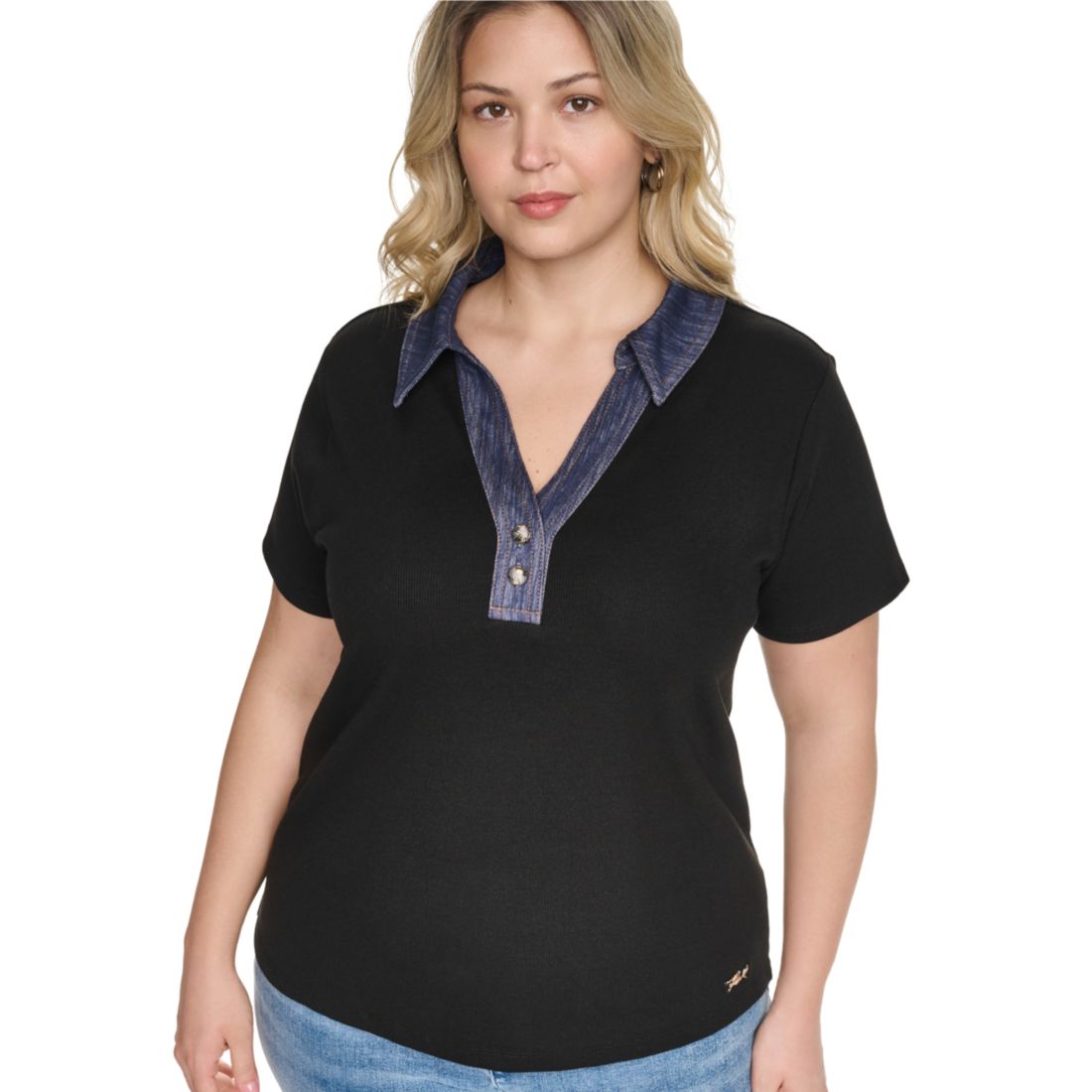 Karl Lagerfeld Paris Plus Size Collared Short Sleeve Pull-On Top