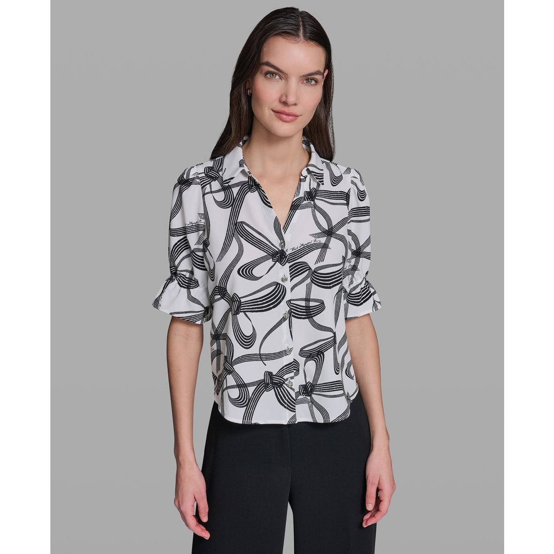 Karl Lagerfeld Paris Petite Bow Print Collared Blouse