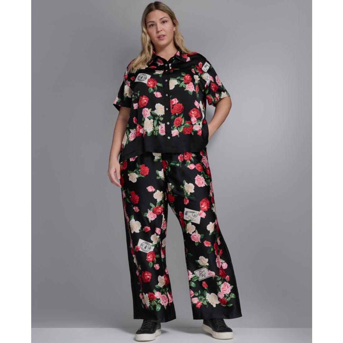 Karl Lagerfeld Paris Plus Size Mid-Rise Floral-Print Pull-On Pants