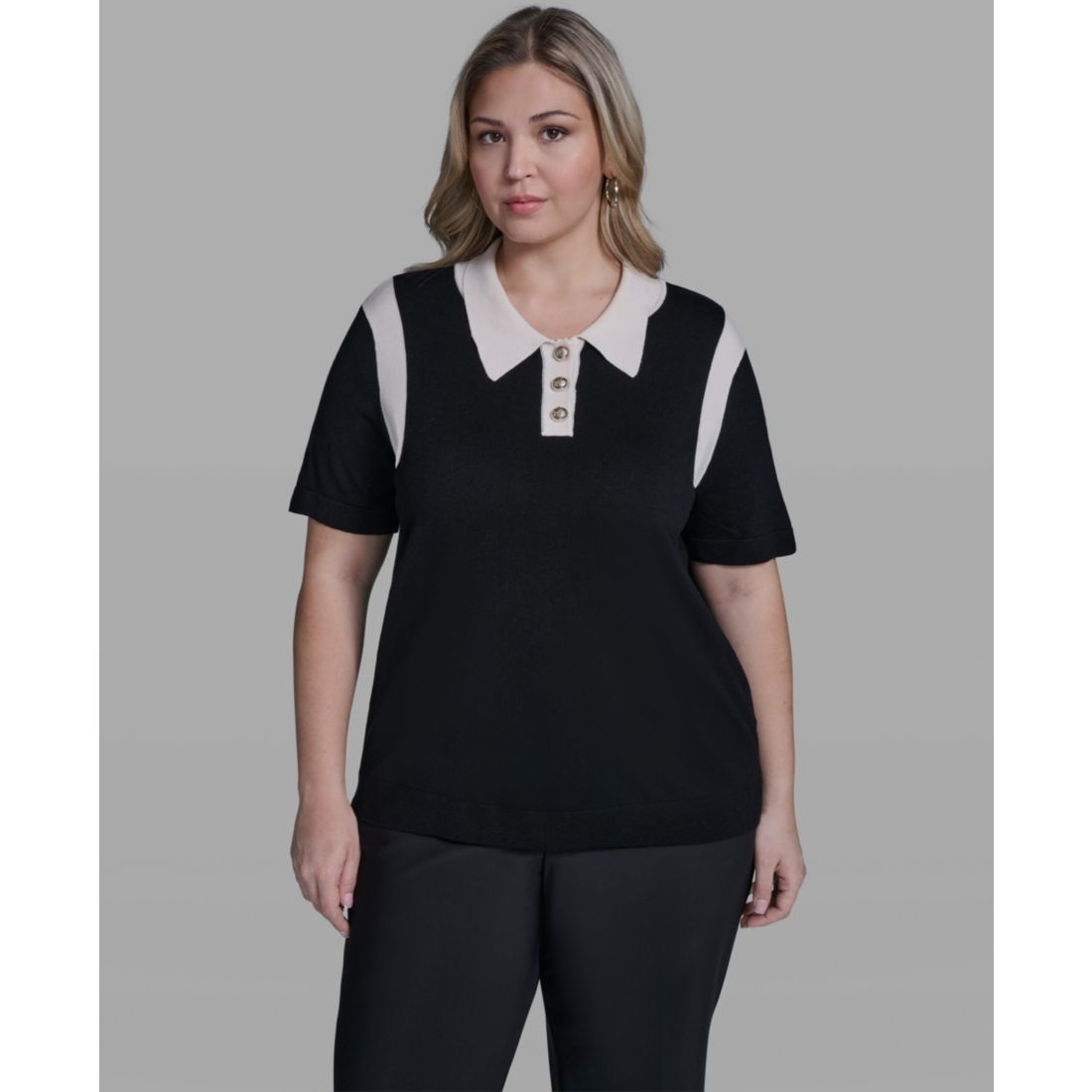 Karl Lagerfeld Paris Plus Size Solid Short-Sleeve Polo Sweater