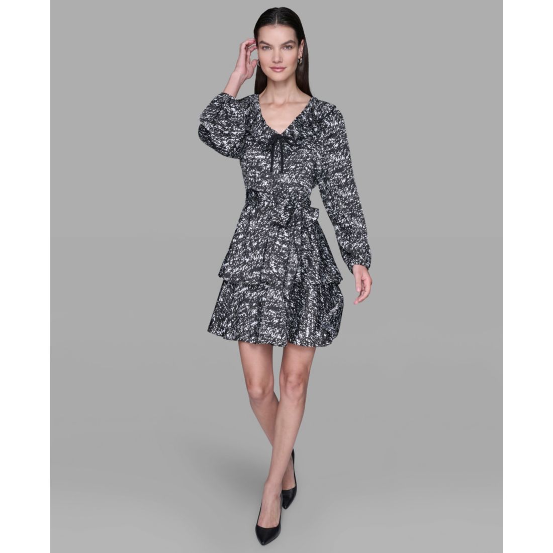 Macy*s Karl Lagerfeld Paris Women's Printed Satin Ruffle V-Neck Dress