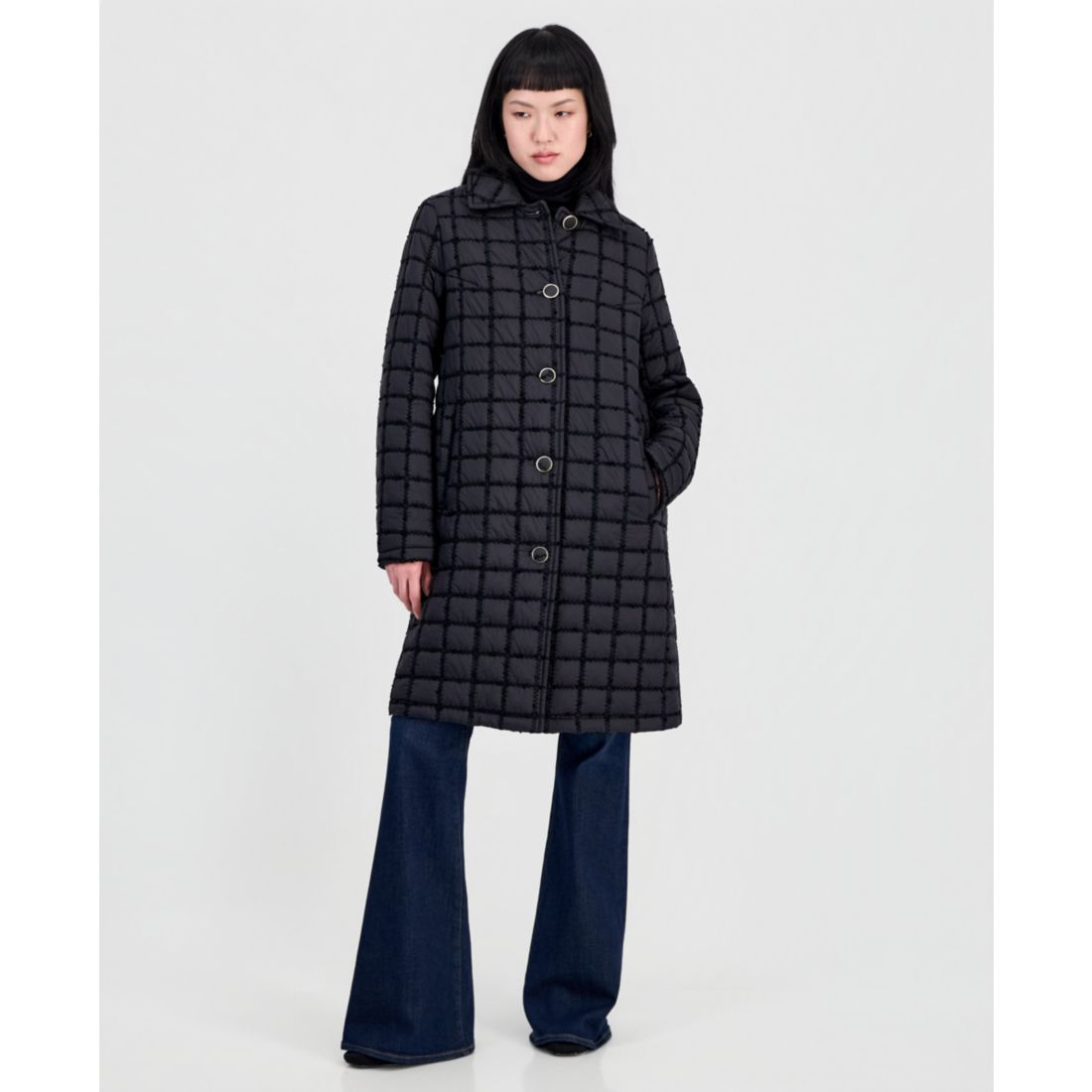 Cece Women's Long Windowpane Quilted Coat