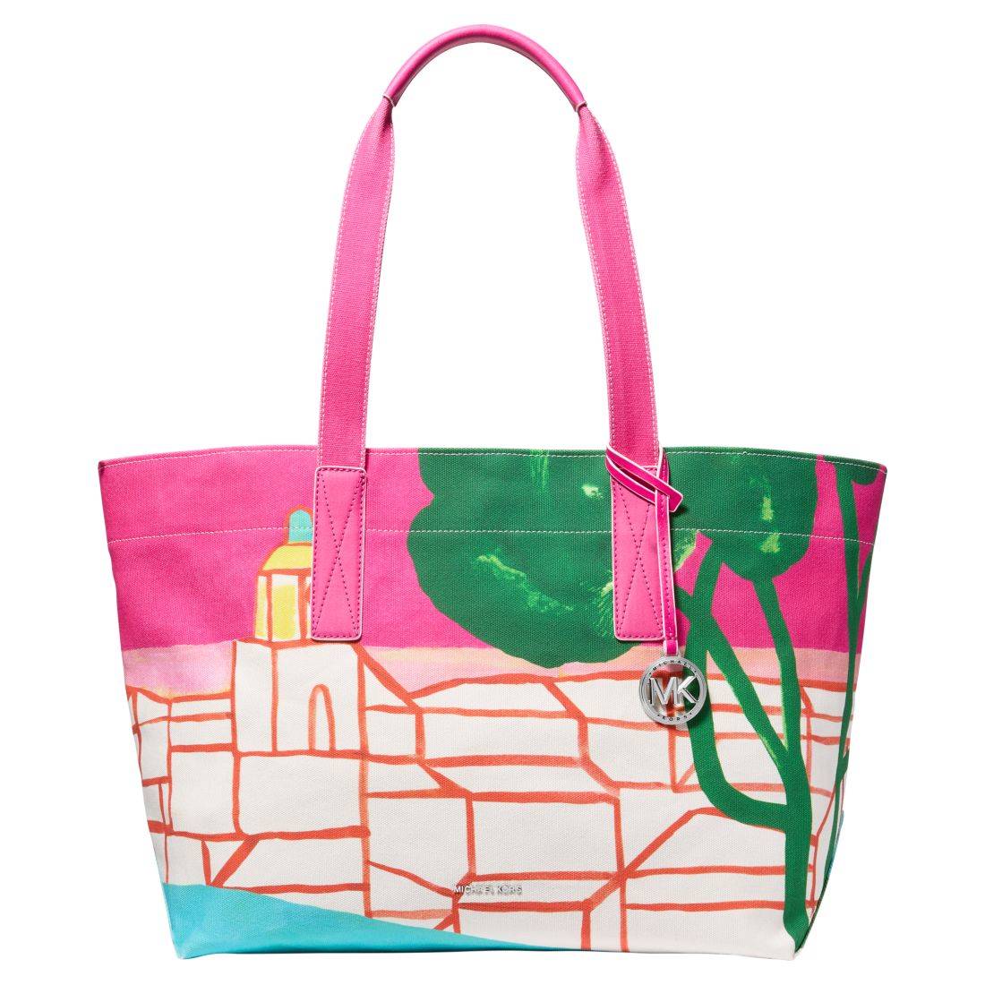 Michael Kors Michael Michael Kors Printed Cotton Extra-Large Tote Handbag - Optic White/ Bright Pink