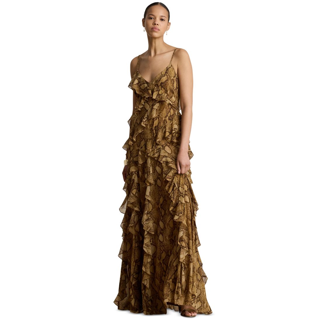 Lauren Ralph Lauren Women's Python-Print Ruffle-Trim Georgette Gown