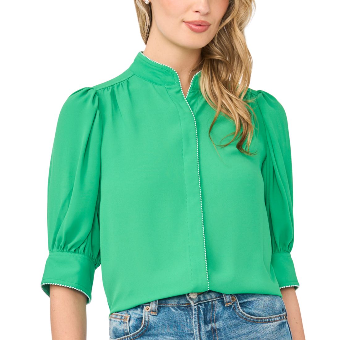 Cece Women's Pearce Puff-Sleeve Open Collar Top