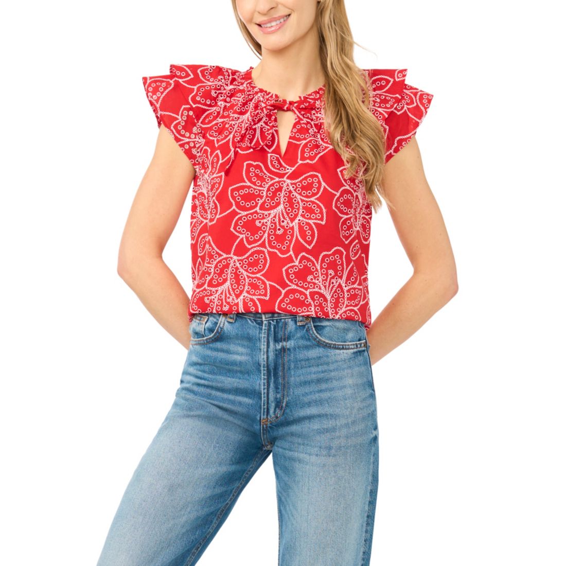 Cece Women's Printed Flutter-Sleeve Tie-Neck Top