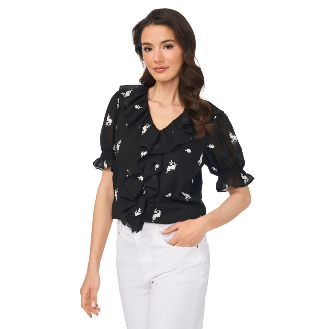 Cece Women's Embroidered Ruffled Short-Sleeve Top