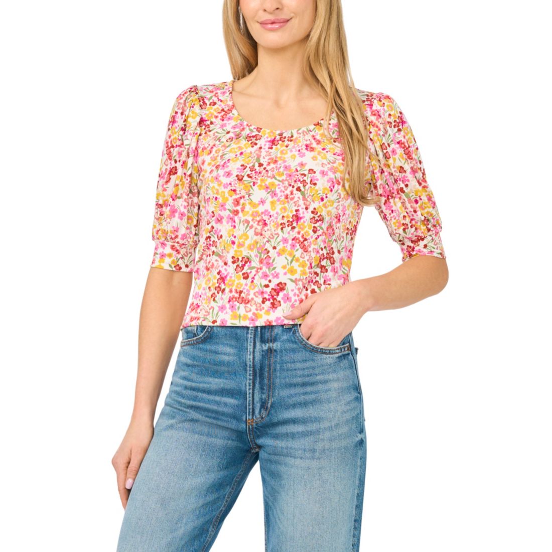 Cece Women's Printed Crewneck Shirred Top
