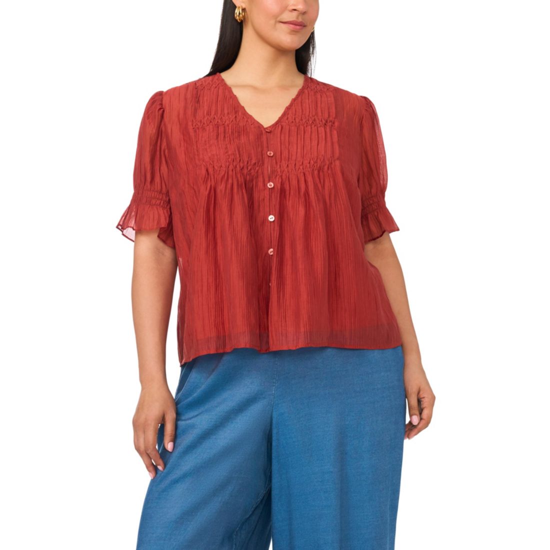 Vince Camuto Plus Size V-Neck Puff-Sleeve Pintuck Top