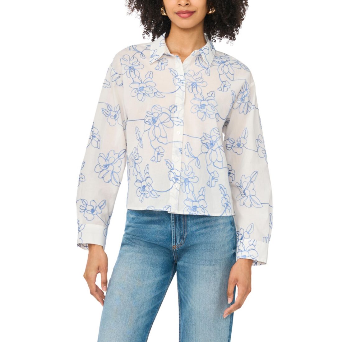 Vince Camuto Women's Cropped Embroidered Button Down Blouse