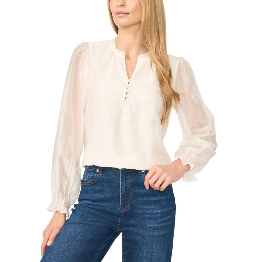 Cece Women's Ruffle-Neck Long-Sleeve V-Neck Blouse